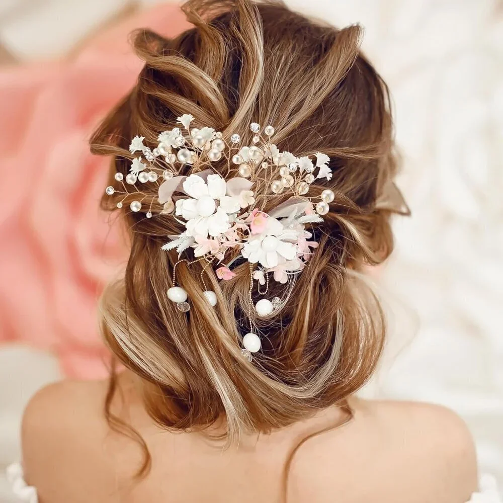 14 Pcs Baby's Breath Hair Pins Boho Bridal Pearl Flower Wedding Hair Accessories